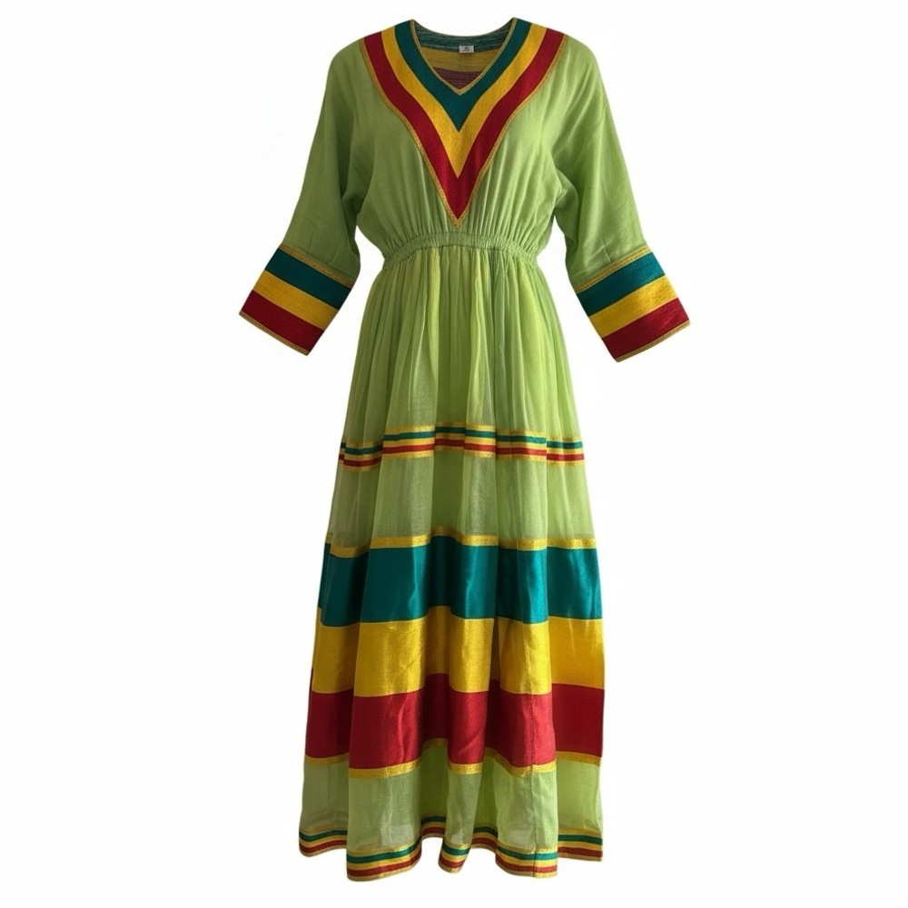 Habesha Kemis Maxi Dress Handmade Multicolor Tibeb Accents Ethnic Cultural